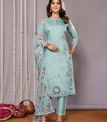 Blue sophisticated chanderi fabric designer embroidered work,printed girlie suits