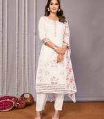 White sophisticated chanderi fabric designer embroidered work,printed girlie suits