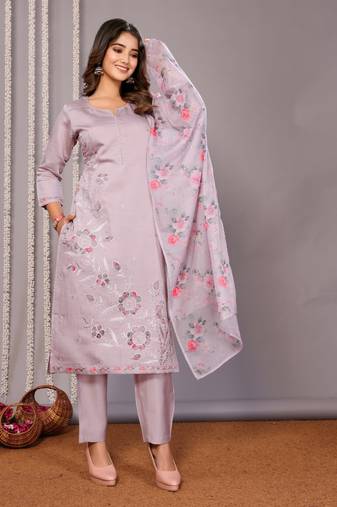 Lavender sophisticated chanderi fabric designer embroidered work,printed girlie suits
