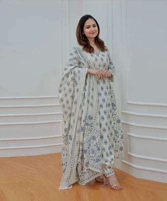 Jaipuri off white grey cotton designer afgani party wear 3 piece suit for women 6