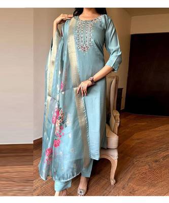 Powder Blue Viscose Thread Embroidered Salwar Suit  1