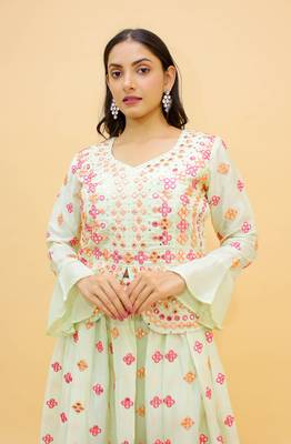  Mirror Work Pale Green Color FlaRed Lehenga For Women 4