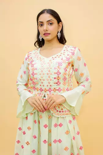  Mirror Work Pale Green Color FlaRed Lehenga For Women