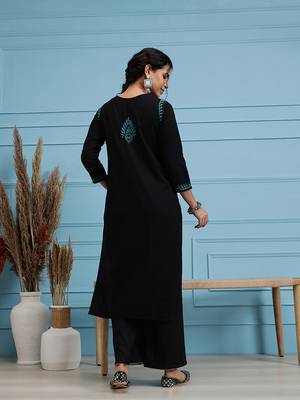 Hand embroidered black cotton lucknowi chikankari straight kurta 2