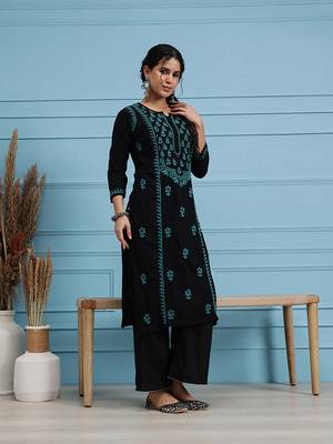 Hand embroidered black cotton lucknowi chikankari straight kurta 3