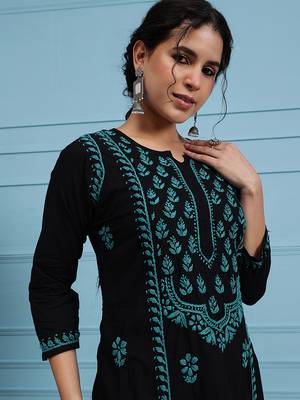 Hand embroidered black cotton lucknowi chikankari straight kurta 4