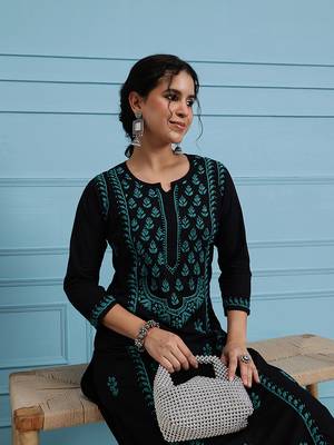 Hand embroidered black cotton lucknowi chikankari straight kurta 5