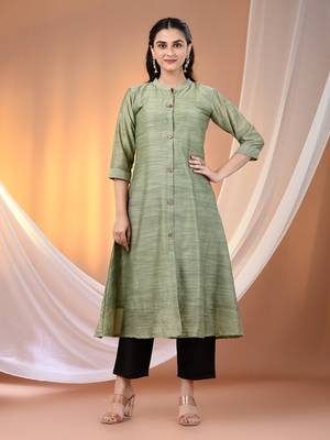 Pistachio green cotton solid handloom a-line kurta set 1