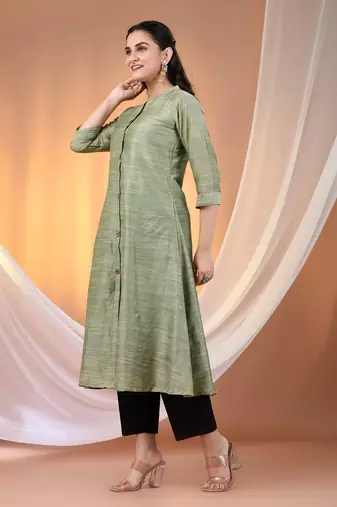Pistachio green cotton solid handloom a-line kurta set