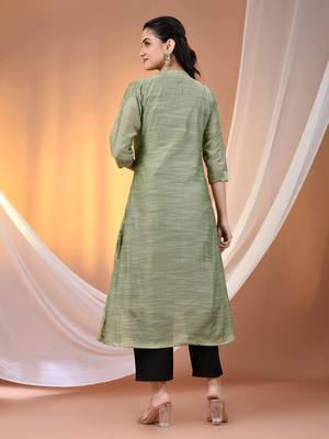 Pistachio green cotton solid handloom a-line kurta set 3