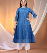 Sapphire blue cotton solid handloom a-line kurta set