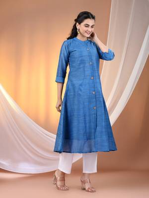 Sapphire blue cotton solid handloom a-line kurta set 2