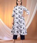 White cotton abstract printed a-line kurta set