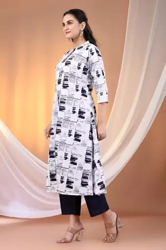 White cotton abstract printed a-line kurta set