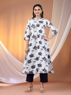 White cotton floral printed a-line kurta set 1