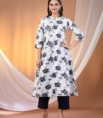 White cotton floral printed a-line kurta set