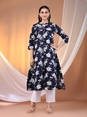 Navy blue cotton floral printed a-line kurta set 1