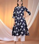 Navy blue cotton floral printed a-line kurta set