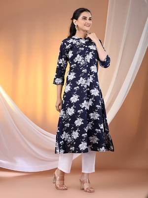Navy blue cotton floral printed a-line kurta set 2