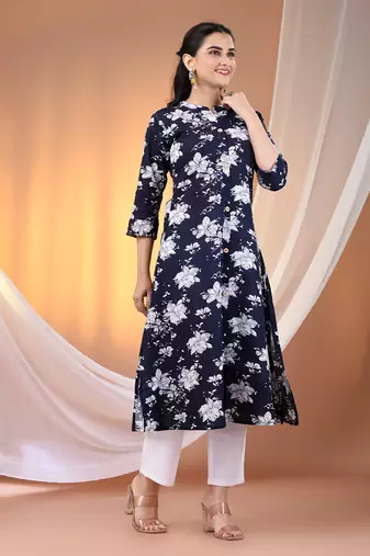 Navy blue cotton floral printed a-line kurta set