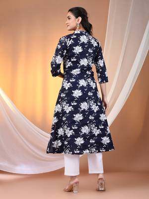 Navy blue cotton floral printed a-line kurta set 3