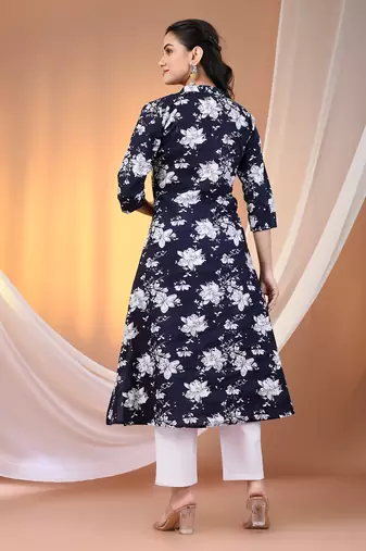 Navy blue cotton floral printed a-line kurta set