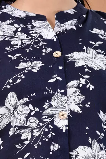 Navy blue cotton floral printed a-line kurta set