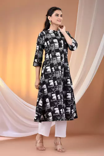 Black cotton abstract printed a-line kurta set