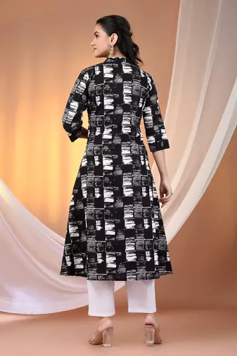 Black cotton abstract printed a-line kurta set