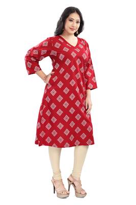 Red rayon printed long kurti  2