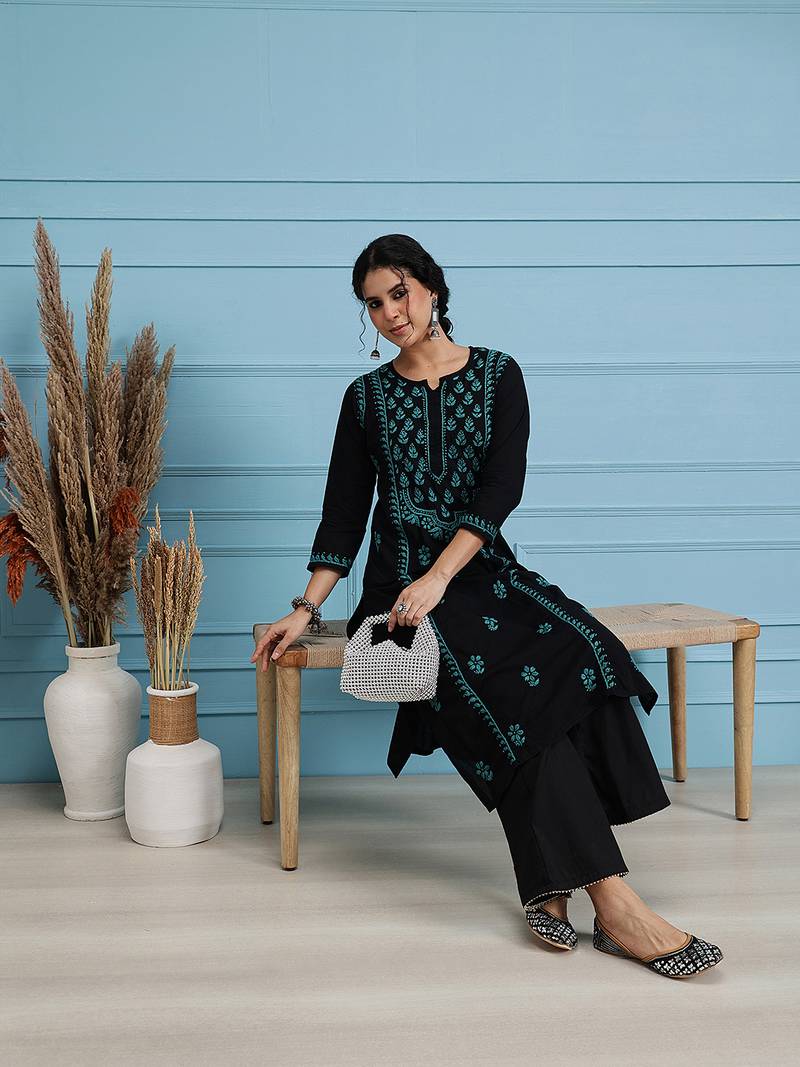 Hand embroidered black cotton lucknowi chikankari straight kurta