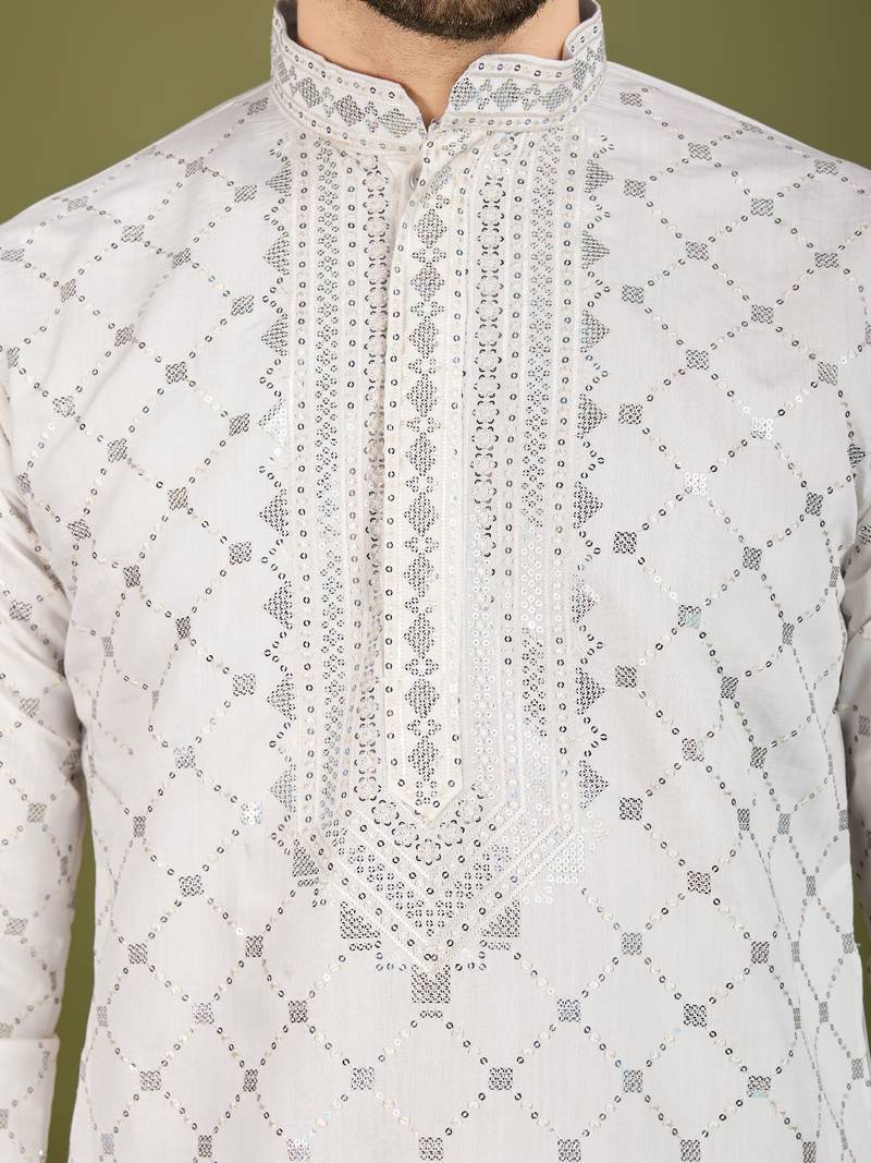 white viscose silk sequins embroidered kurta with dupatta