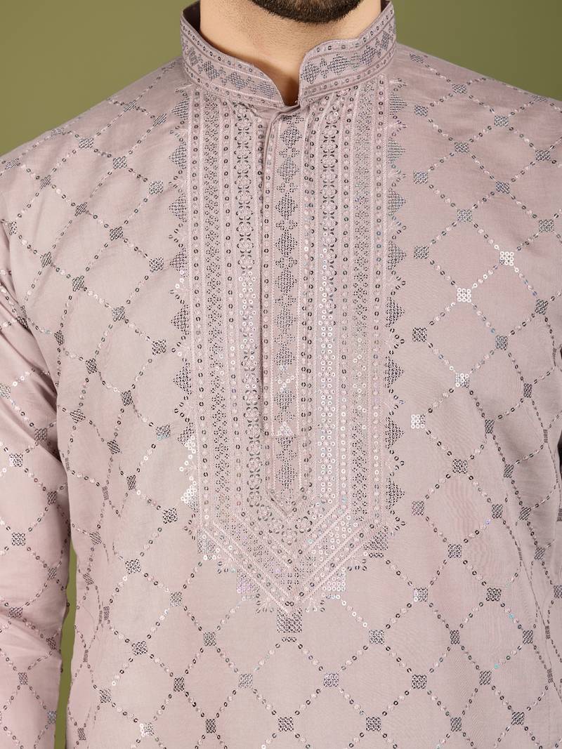 Beige viscose silk thread & sequins embroidered work wedding festival marriage party wear straight kurta with dupatta