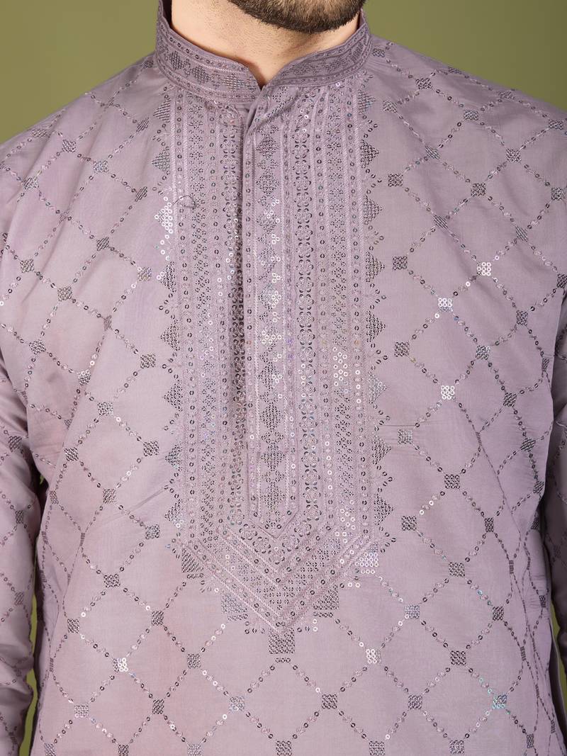 Dusty purple viscose silk thread & sequins embroidered work wedding festival party wear straight kurta with dupatta