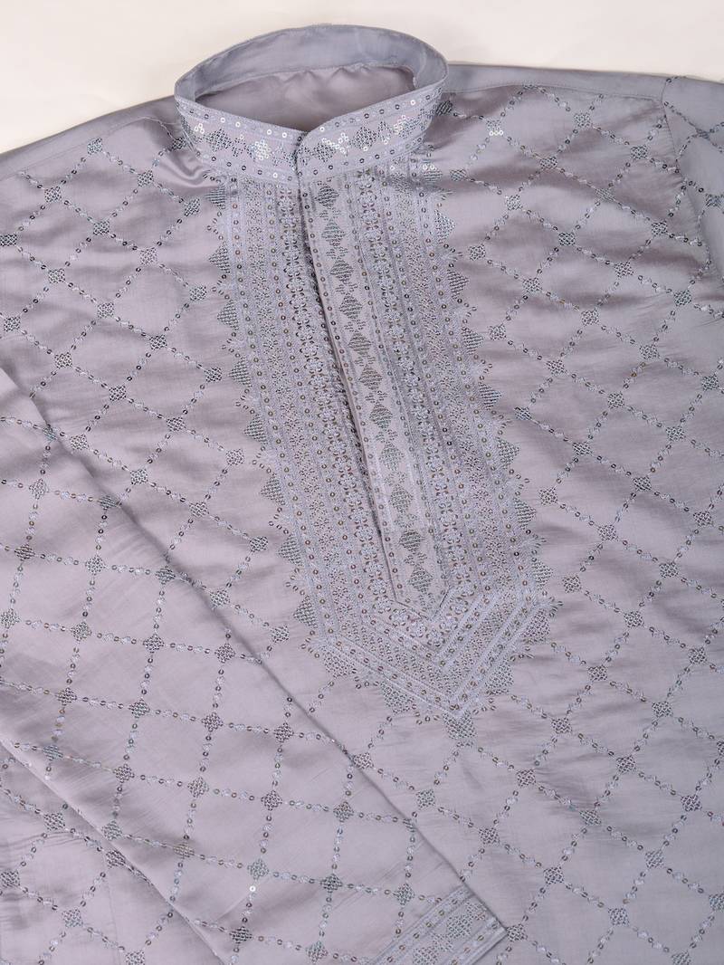 grey viscose silk thread & sequins embroidered straight kurta with dupatta