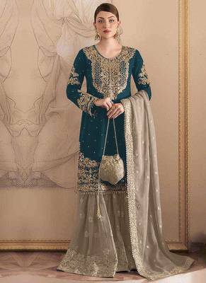 Rama green embroidery codding with sequence & stone work with fancy lace fox georgette palazzo semi stitched 1