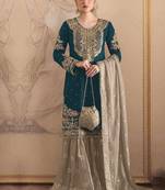 Rama green embroidery codding with sequence & stone work with fancy lace fox georgette palazzo semi stitched