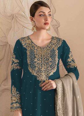 Rama green embroidery codding with sequence & stone work with fancy lace fox georgette palazzo semi stitched 2