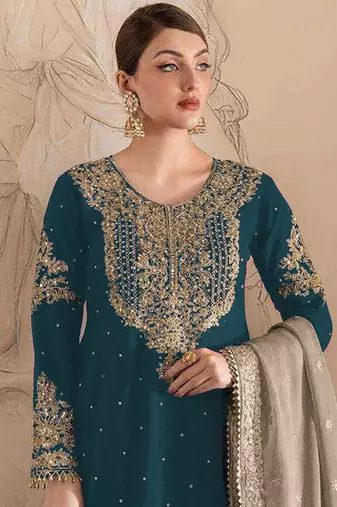 Rama green embroidery codding with sequence & stone work with fancy lace fox georgette palazzo semi stitched