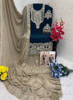 Rama green embroidery codding with sequence & stone work with fancy lace fox georgette palazzo semi stitched 3