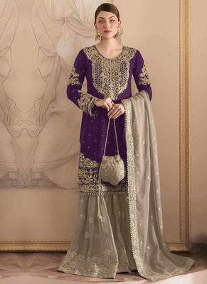 Wine embroidery codding with sequence & stone work with fancy lace fox georgette palazzo semi stitched 1