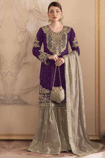 Wine embroidery codding with sequence & stone work with fancy lace fox georgette palazzo semi stitched
