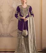 Wine embroidery codding with sequence & stone work with fancy lace fox georgette palazzo semi stitched