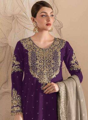 Wine embroidery codding with sequence & stone work with fancy lace fox georgette palazzo semi stitched 2