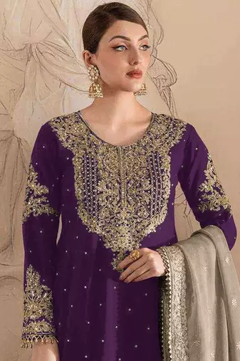 Wine embroidery codding with sequence & stone work with fancy lace fox georgette palazzo semi stitched