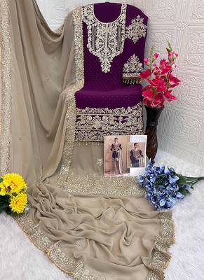 Wine embroidery codding with sequence & stone work with fancy lace fox georgette palazzo semi stitched 3