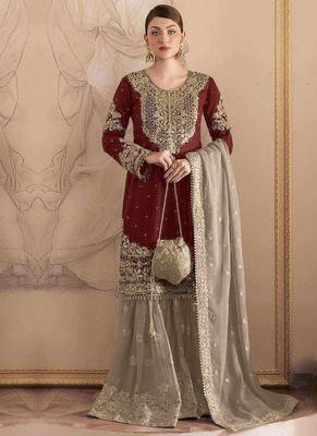 Maroon embroidery codding with sequence & stone work with fancy lace fox georgette palazzo semi stitched 1