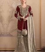 Maroon embroidery codding with sequence & stone work with fancy lace fox georgette palazzo semi stitched
