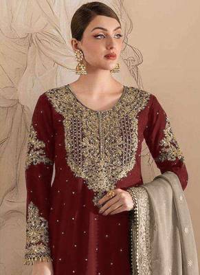 Maroon embroidery codding with sequence & stone work with fancy lace fox georgette palazzo semi stitched 2