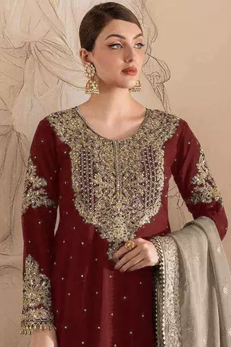 Maroon embroidery codding with sequence & stone work with fancy lace fox georgette palazzo semi stitched